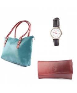 Seagreen Handbag + Brown Wallet + Black Strap watch